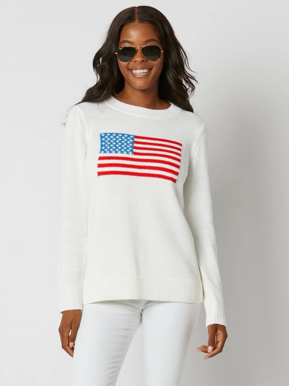 Sail to Sable Cream Crewneck Sweater with Red & Blue Flag Motif